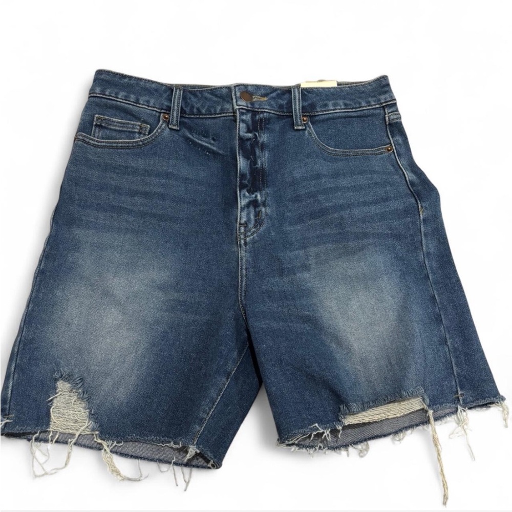 LTJ Letter to Juliet Womens High Rise Distressed Denim Biker Shorts Dark Wash L